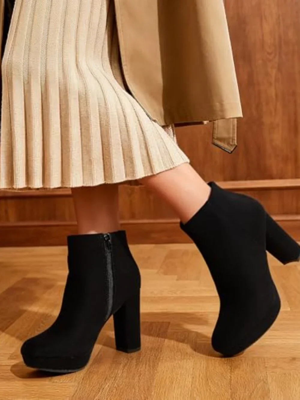 Faux Suede Chunky Heel Ankle Booties - Side Zip